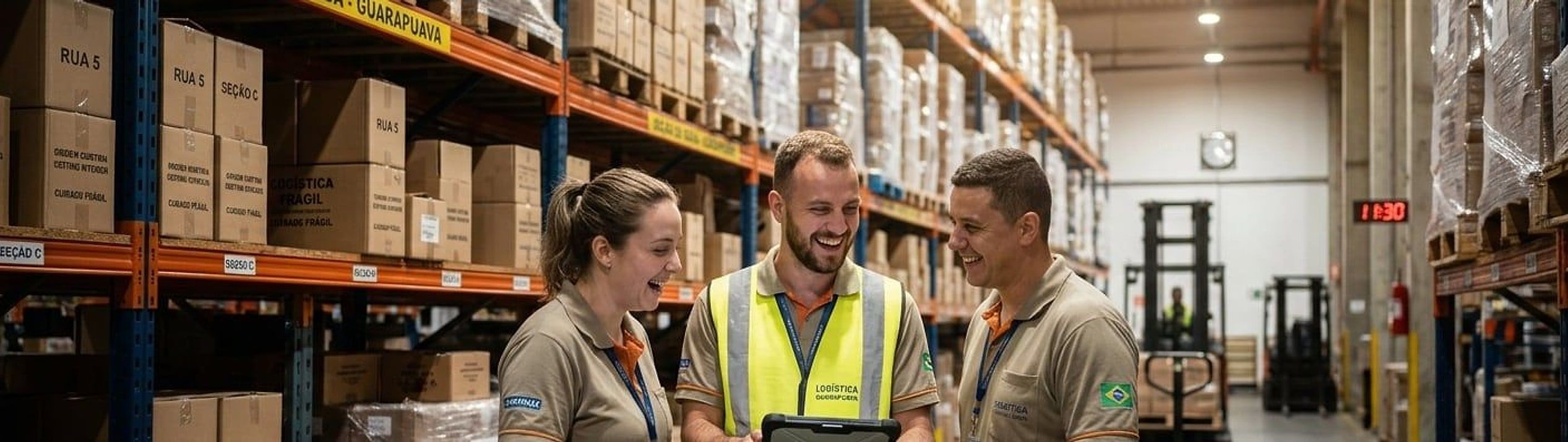 Equipe do galpão conversando e sorrindo entre um pedido e outro