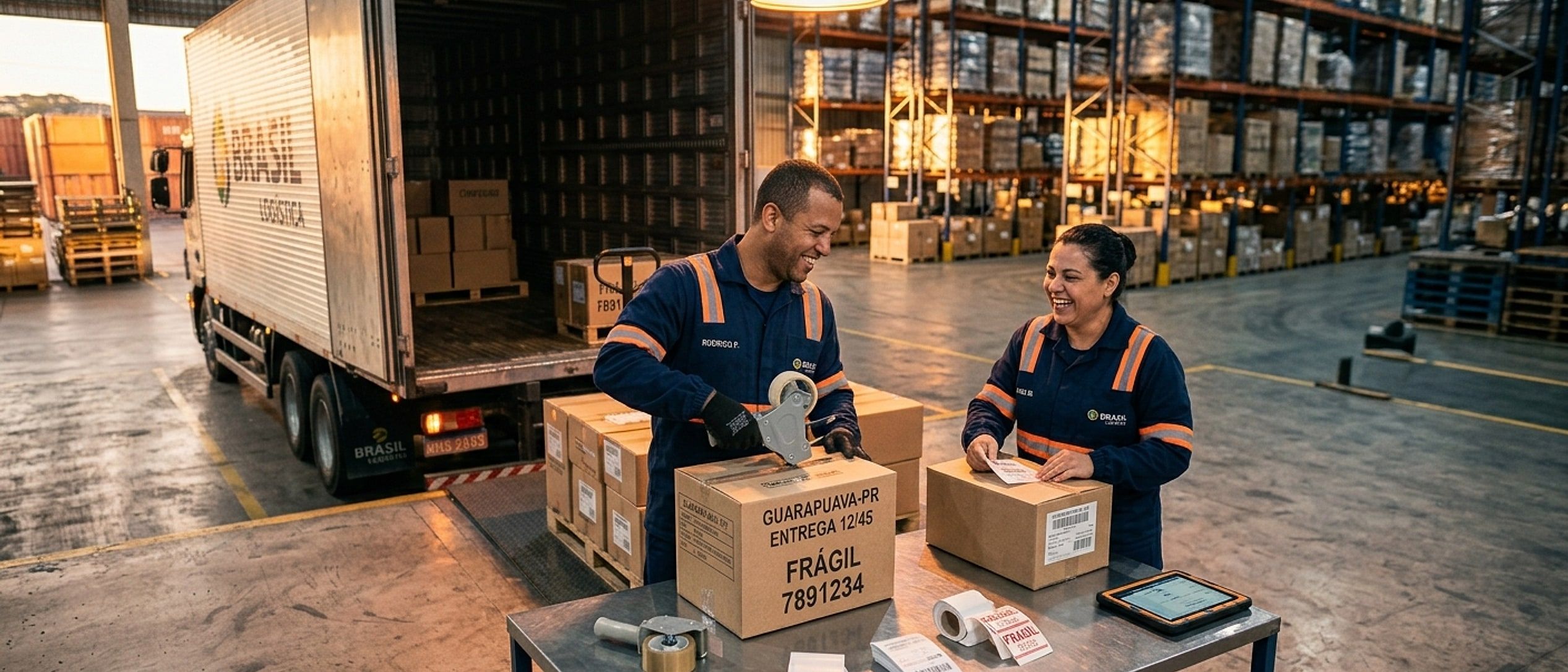 Colaboradores etiquetando caixas para entrega ao lado de caminhão de carga