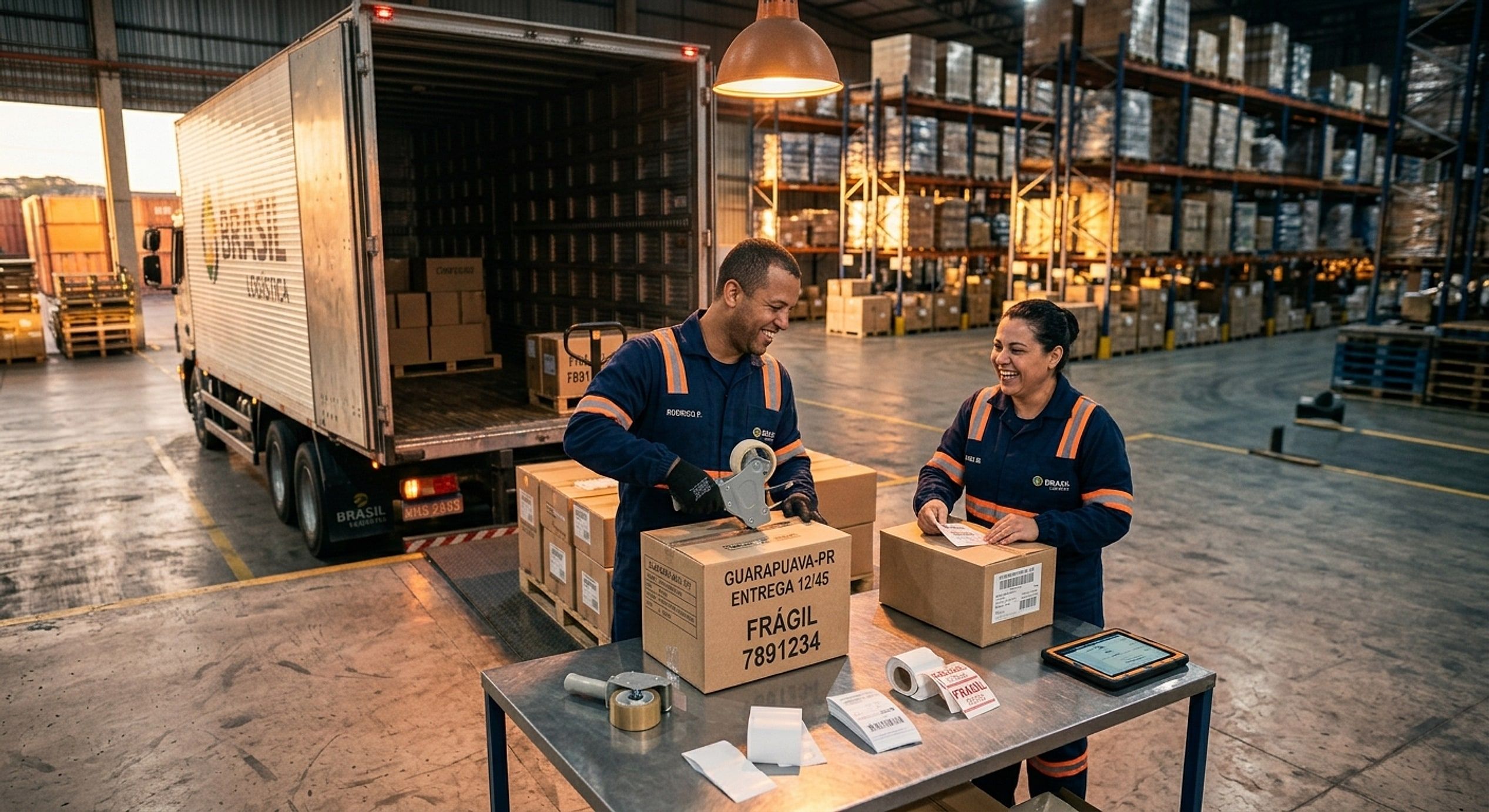 Colaboradores etiquetando e embalando caixas ao lado de caminhão de entrega
