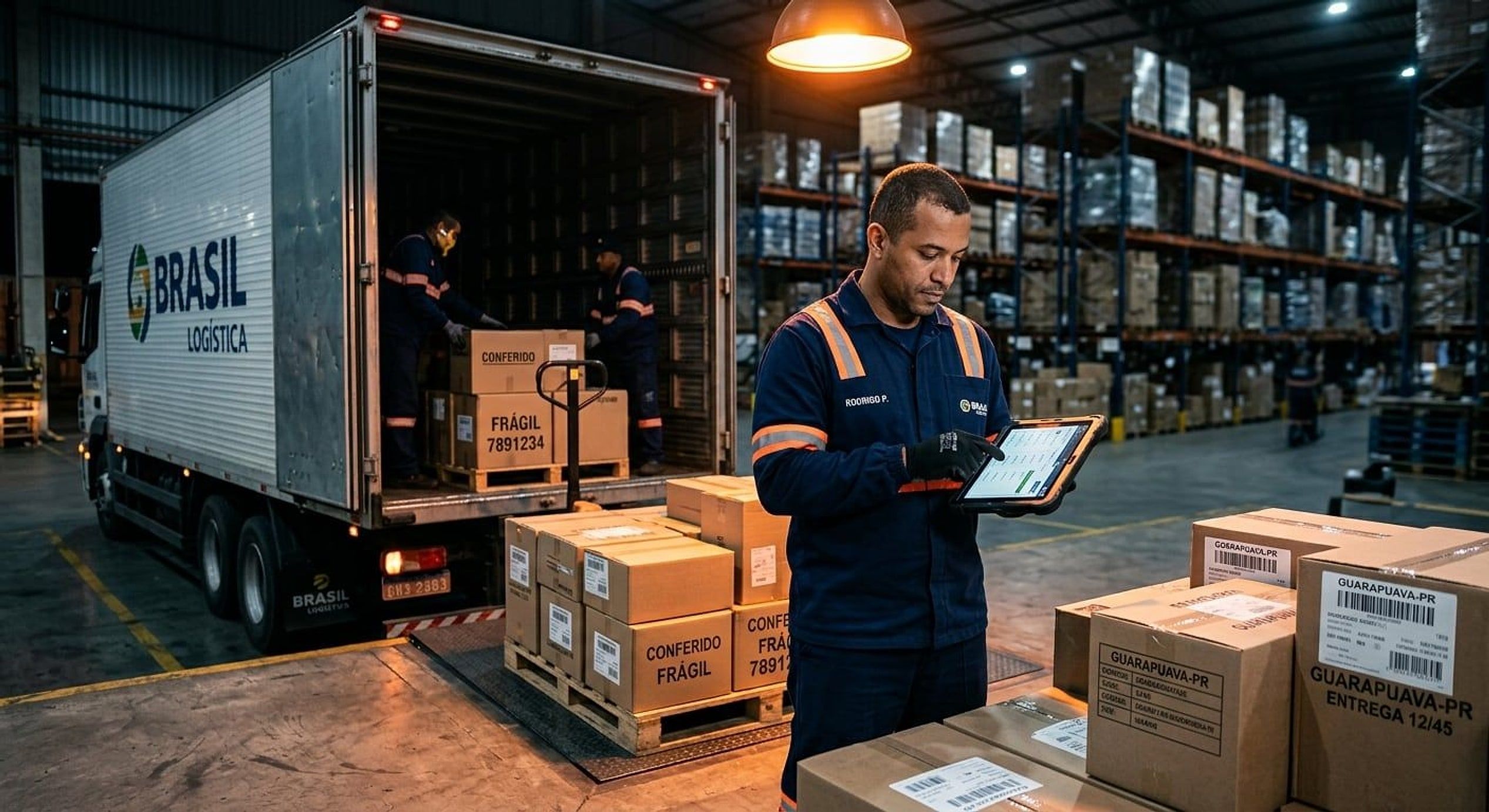 Conferência de recebimento com tablet no galpão